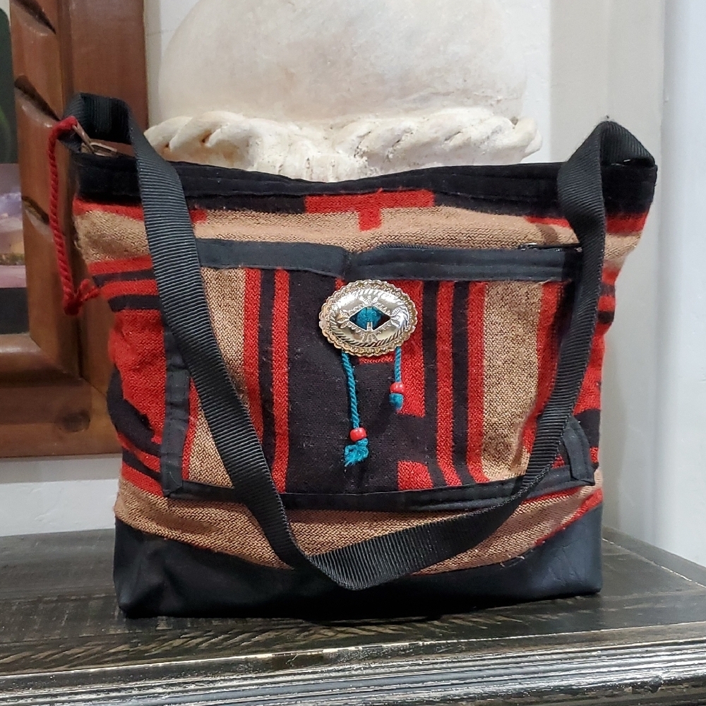 Vintage Black and Red Tribal Patterned Shoulder Bag Concho Accent Fabric Native